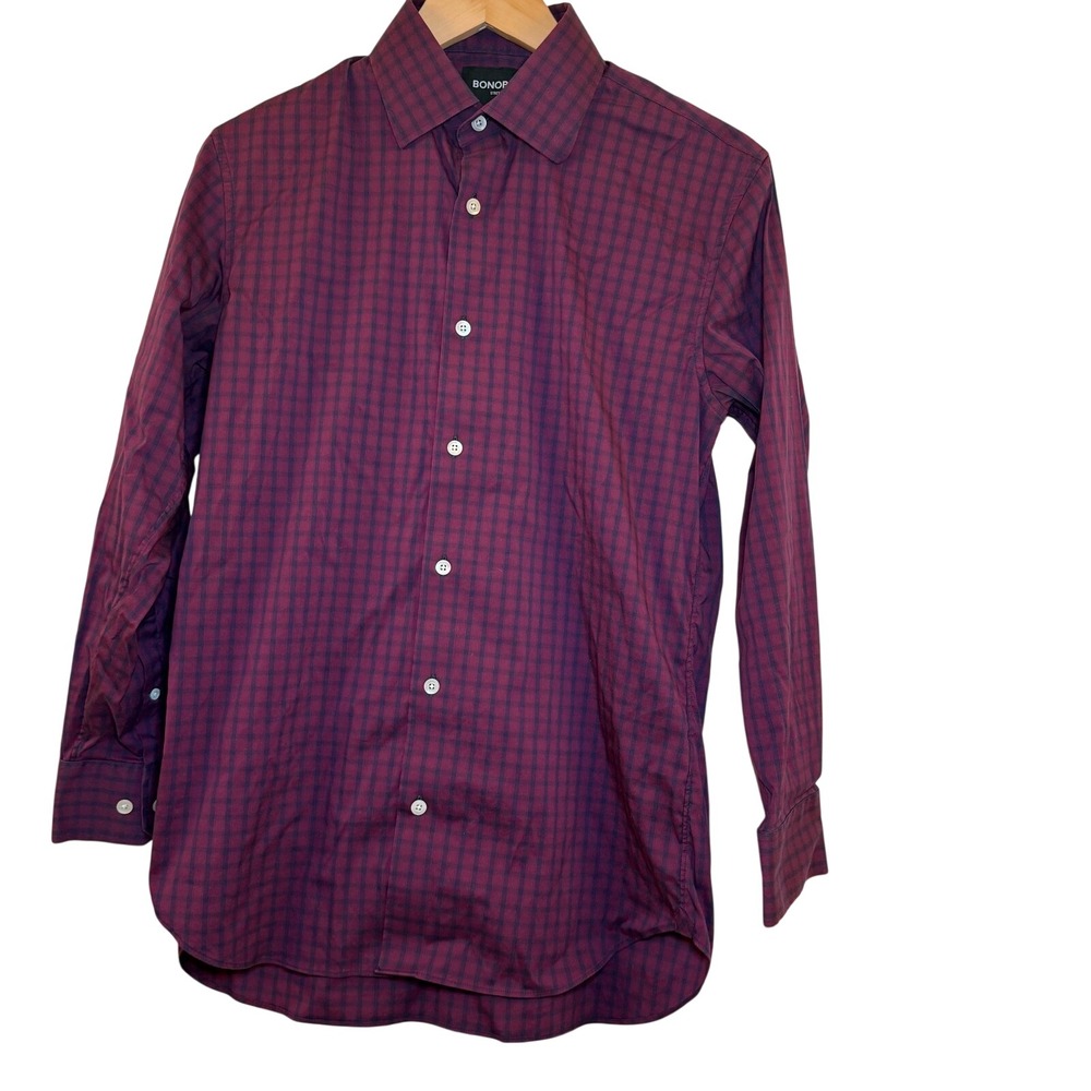 BONOBOS Stretch Slim Fit Burgundy Gingham Dress Shirt‎ Men 15 1/2 32